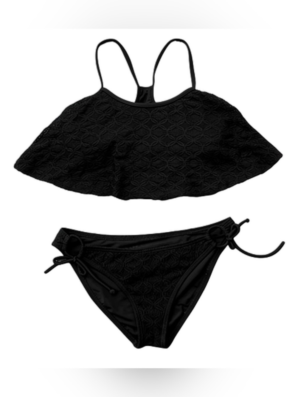 GOSSIP Black Crochet Lace Style Flounce/Flutter Top & Side-Tie Bottoms Bikini